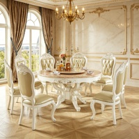 Ensemble de table à manger en marbre de style rococo français, chaises en bois massif sculptées à la main, revêtement en cuir capitonné, meubles de salle à manger rotatifs pour la maison