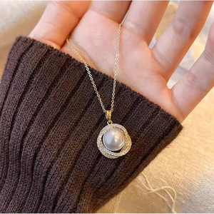 Pearl Necklace AAA Grade Gold Chain Circle Pendant Bezel Setting Gift for Women - Product Image 2