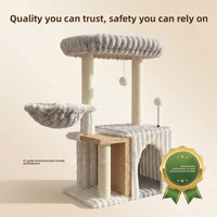 Arbre à chat en flanelle rayée douce avec grotte, nid cachette, panier balançoire latéral, 2 poteaux en sisal, mobilier d'intérieur pour chatons (repos et jeu)