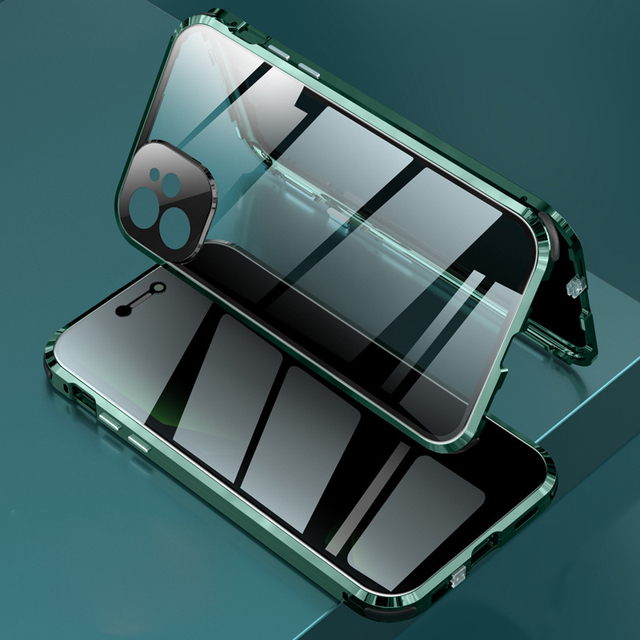 Anti Spy Peeping Magnetic Double Sided Glass with Camera Protector Metal Bumper for iPhone 15 Pro Max Privacy Screen Phone Case