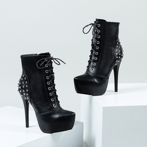 Deat-bottines en <span class=keywords><strong>cuir</strong></span> PU pour femmes, chaussures à la mode, rivets métalliques, noires, talon aiguille, <span class=keywords><strong>plateforme</strong></span>, courtes, collection hiver 2019 - Product Image 4