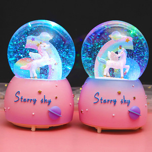 Wholesale Cartoon Rainbow Snowball Music Box Decorated Children Gift Creative Resin Crafts Unicorn Crystal Ball Music Box