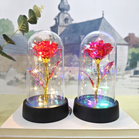 Piédestal populaire lumières lumineuses décorées acrylique dôme feuille d'or artificielle préservée fleur Rose ornements pour cadeaux d'anniversaire