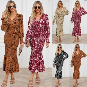 French Slim Long Dress Leopard Print V Neck Belt Printed Mermaid Skirt Advanced Sense Plus Size Women's Dress