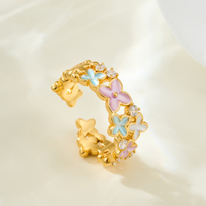 Enamel Flower Open <b>Ring</b> <b>Adjustable</b> Index Finger <b>Ring</b> With Pave Setting For Gift Jewelry - Product Image 1