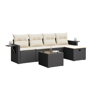 Black Rattan <b>Garden</b> <b>Sofa</b> Set Cream Cushions Outdoor Furniture Waterproof Contemporary Design - Product Image 1