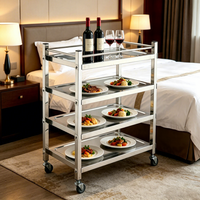 Chariot de service à 4 étagères en acier inoxydable pour boissons et aliments, chariot de chambre d'hôtel avec cadre de protection