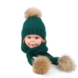 Nieuwe Unisex Kids Winter Warm Hoofddeksels Peuter Wasbeer Bontbal Muts Sjaal Sets Voor Meisjes Pom Poms Gebreide Beanie Hoeden Sjaal