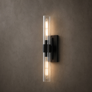 Lámpara de pared para baño, con pantalla de cristal cilíndrica transparente y metal negro, para uso residencial y hotelero, montaje en pared interior. - Product Image 5