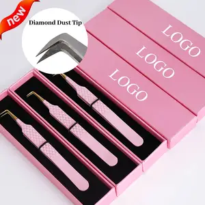 Rose Pink Diamond Grip Eyelash Tweezers Pink Box Packing Isolation Private Label Fiber Tip Volume Lash Tweezers