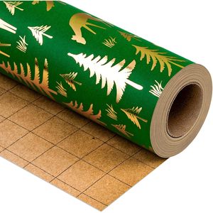 Christmas <b>Wrapping</b> <b>Paper</b> Roll Green Gold Foil Reindeer Tree 17 In X 33 Ft Recycled Gift Craft Packaging <b>Paper</b> - Product Image 1