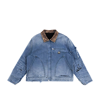 Jaket Kerja Detroit Vintage PU Collar Faded Wash Destroyed Custom Riding Pria PU Puffer Varsity Hip Hop Berpemanas Tahan Angin