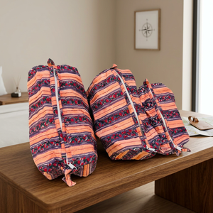 Juego de Bolsas Cosméticas de Algodón Acolchado con Estampado Artesanal Indio, Bolsa de Maquillaje a Rayas en Tonos Melocotón y Morado, Venta al Por Mayor - Product Image 3