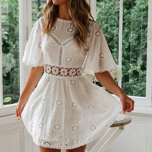 2023 Sommer Custom Mini Kleidung Boheme Frauen Hawaii Leinen Baumwolle Swing White Loose Vintage Wit Kleid für Dame