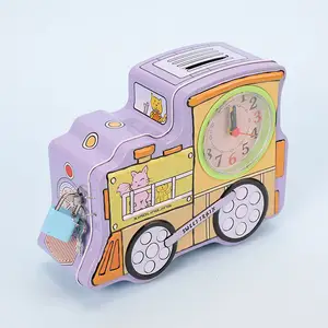 TOPSTHINK-reloj despertador divertido para niños, alcancía de tren, caja de bloqueo multifunción de metal, Banco de monedas de juguete