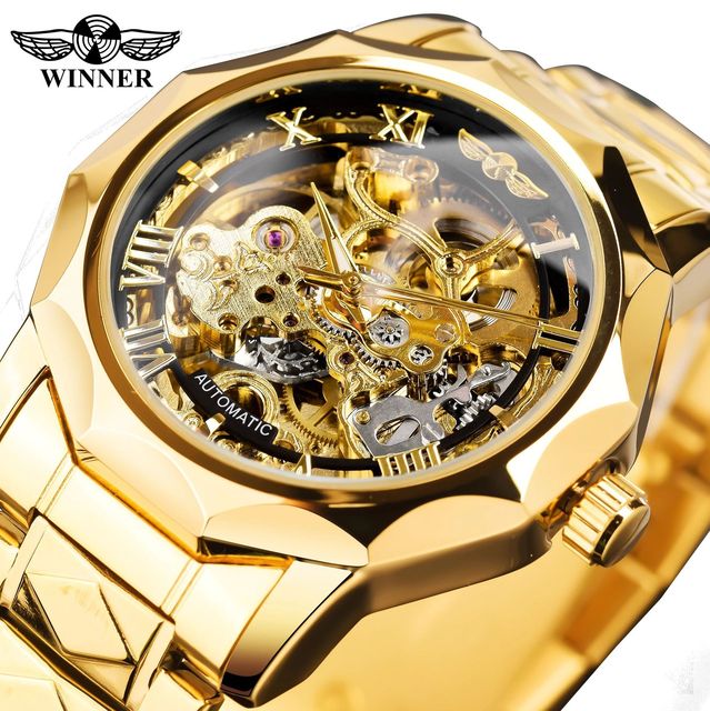 Winner Fashion Luxury Men's Polygonal Mechanical  Dial Hollow Automatic Stainless Steel Band Watch