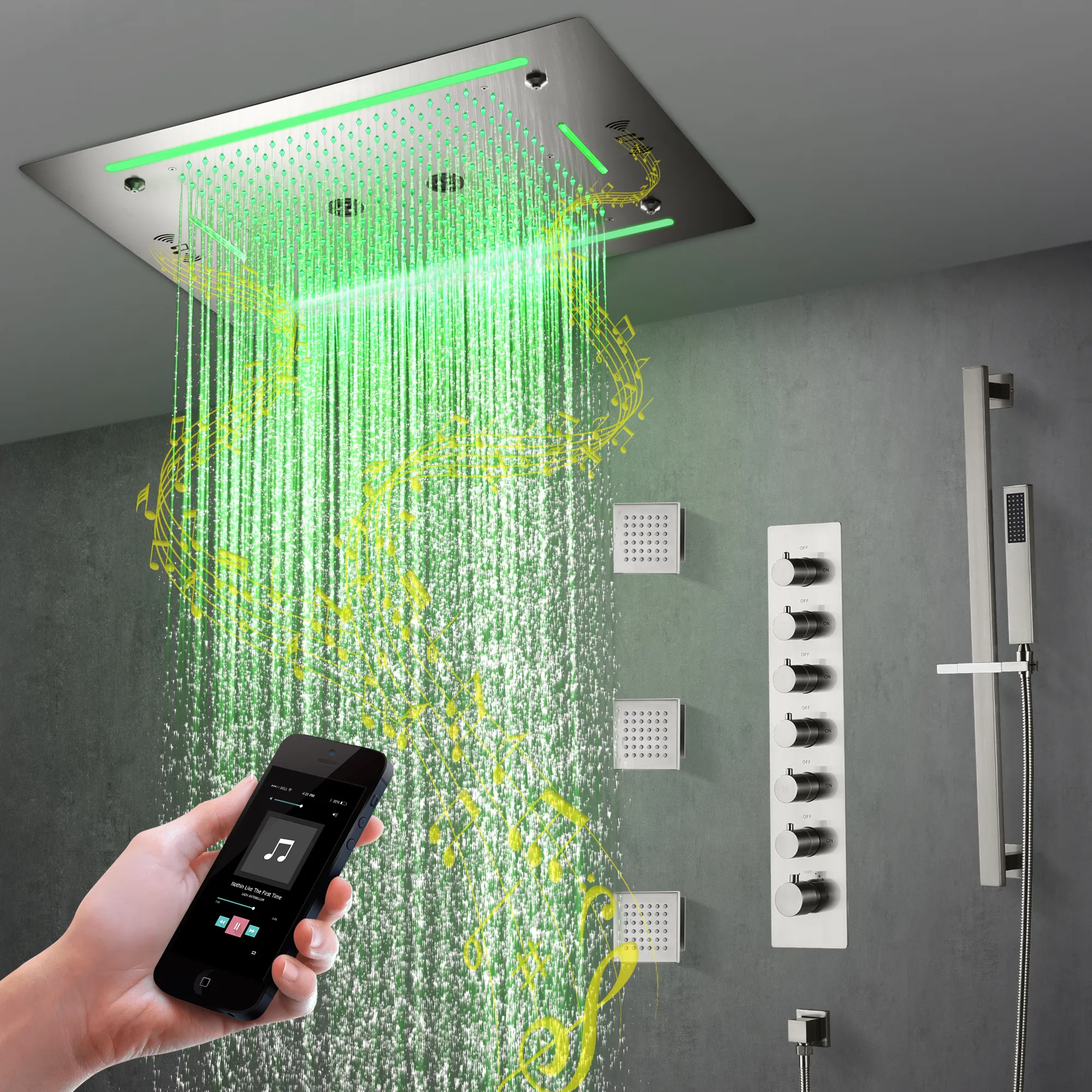 Cabezal de ducha de lujo con 6 funciones, cabezal de ducha de lluvia, cascada, masaje rotativo, ducha montada en la pared de niebla con LED y música, nuevo diseño