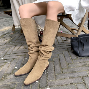 Botas largas de tubo ancho Botas altas de mujer de tacón medio con punta cuadrada de gamuza Botas hasta la rodilla - Product Image 1