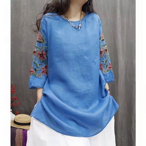 Women Cotton Linen Embroidery Top Loose Mid Length Casual Shirt Dress Breathable Retro Style Everyday Wear - Product Image 4