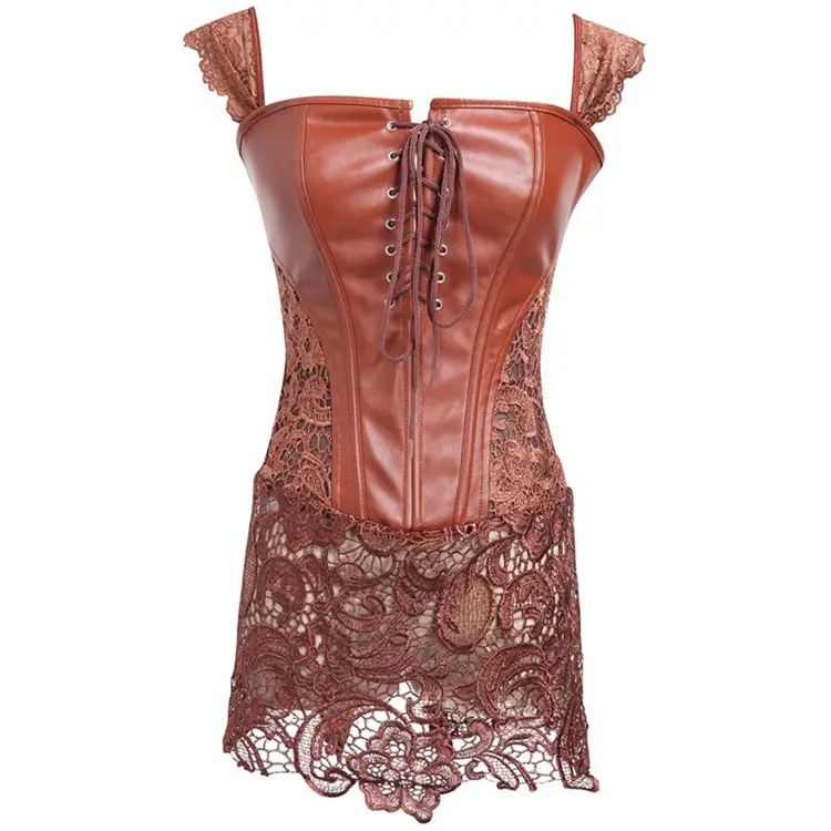 Plus Size S-6XL Nieuwe Mode Sexy Vrouwen Korset Met String Faux Lederen Zwarte Kanten Shaper Bustier