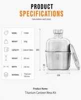 Kit de cantine en titane de qualité supérieure, bouteille d'eau de 1100 ml, tasse de 700 ml, ensemble de cuisine léger pour le camping, la randonnée et les pique-niques en plein air
