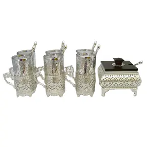 glass coffee cup set with iron silver plated sugar pot and spoons and tray/ islamic wedding gifts / guangzhou silver items