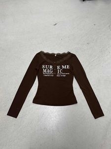 Letter Print Lace Crewneck Long Sleeve Top Button Front Slim Fit Spring Autumn Vintage Versatile Layering Casual Top - Product Image 6