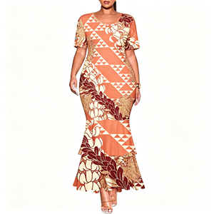Abito Lungo da Donna Plus-Size con Stampa Polinesiana Personalizzata, Elegante Collo Tondo e Orlo Asimmetrico con Volant - Product Image 3