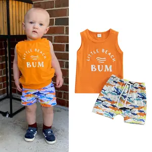 Import Export 2023 Summer New Boys Kids Clothes Letter Print Tank Top Shark Casual Shorts Set