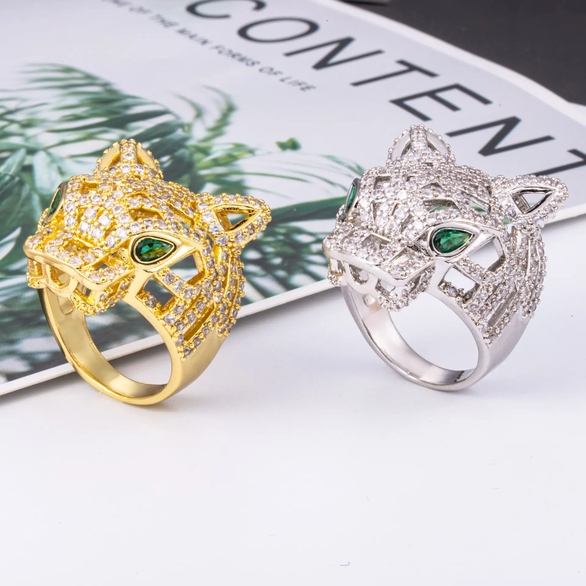 Anillo de boda con gema para mujer, con cabeza de leopardo incrustada, oro puro, chapado en oro