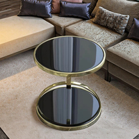 Ensemble de tables basses rondes à double étage, petites et modernes, en métal doré avec plateau en verre trempé noir pour salon intérieur, meubles de luxe