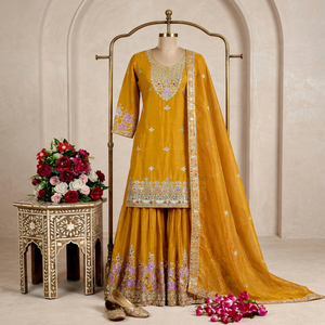 Conjunto Sharara de Seda Amarillo Bordado con Dupatta, Ropa Tradicional India y Pakistaní para Mujer, Largo hasta el Suelo, Corte Holgado, para Todas las Temporadas - Product Image 1