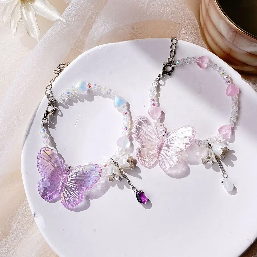 INS Sister Friendship Bracelets Handmade Glass Butterfly Charm Flower Heart Crystal Beaded Bracelet Girls Couple Jewelry
