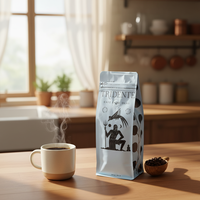 Emballage en plastique noir unique pour sac à fond plat avec poche zippée et valve pour café 250g