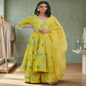 Salwar Kameez en coton imprimé floral jaune pour femmes, style traditionnel indien pakistanais, coupe ample, longueur au sol, décontracté, style estival - Product Image 5