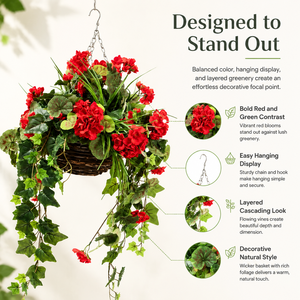 Cesta Colgante con Geranios Rojos Artificiales, <span class=keywords><strong>Hiedra</strong></span> Colgante, Arreglo Floral, Decoración Ecológica para Balcón y Jardín - Product Image 2