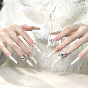 <span class=keywords><strong>Ongles</strong></span> à presser en acrylique translucide ambre nude avec strass écrasés et nœud métallique, faits à la main, réutilisables, vente en gros d'usine OEM ODM - Product Image 2