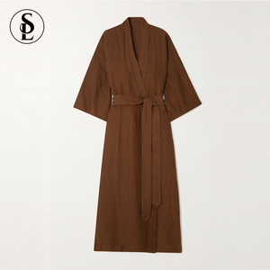 2025 New Arrival Alta Qualidade Sólida Elegante Femme Belted Robes Algodão Mulheres Atacado 100% Linho Banho Robe One Piece Set - Product Image 2