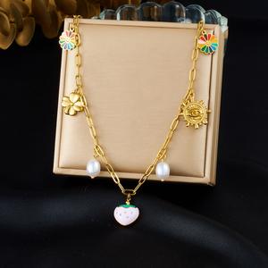 Collar de Acero Inoxidable con Colgante de Corazón de Fresa y Goteo de Aceite, Chapado en <span class=keywords><strong>Oro</strong></span>, con Perla de Girasol y Múltiples Colgantes, Joyería al por Mayor - Product Image 2