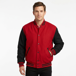 Veste universitaire homme rouge et noir en mélange laine et polyester, col montant, boutonnée, décontractée, pour l'automne - Product Image 1