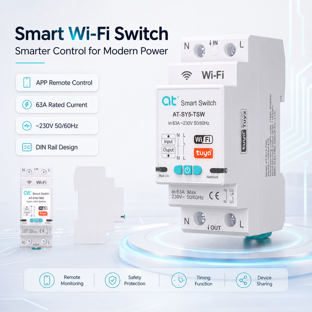 AT-SY5 Tuya Smart Life App Wi-Fi DIN Rail Switch 63A Power Monitoring Timer Relay Voice Control for Smart Home Automation System