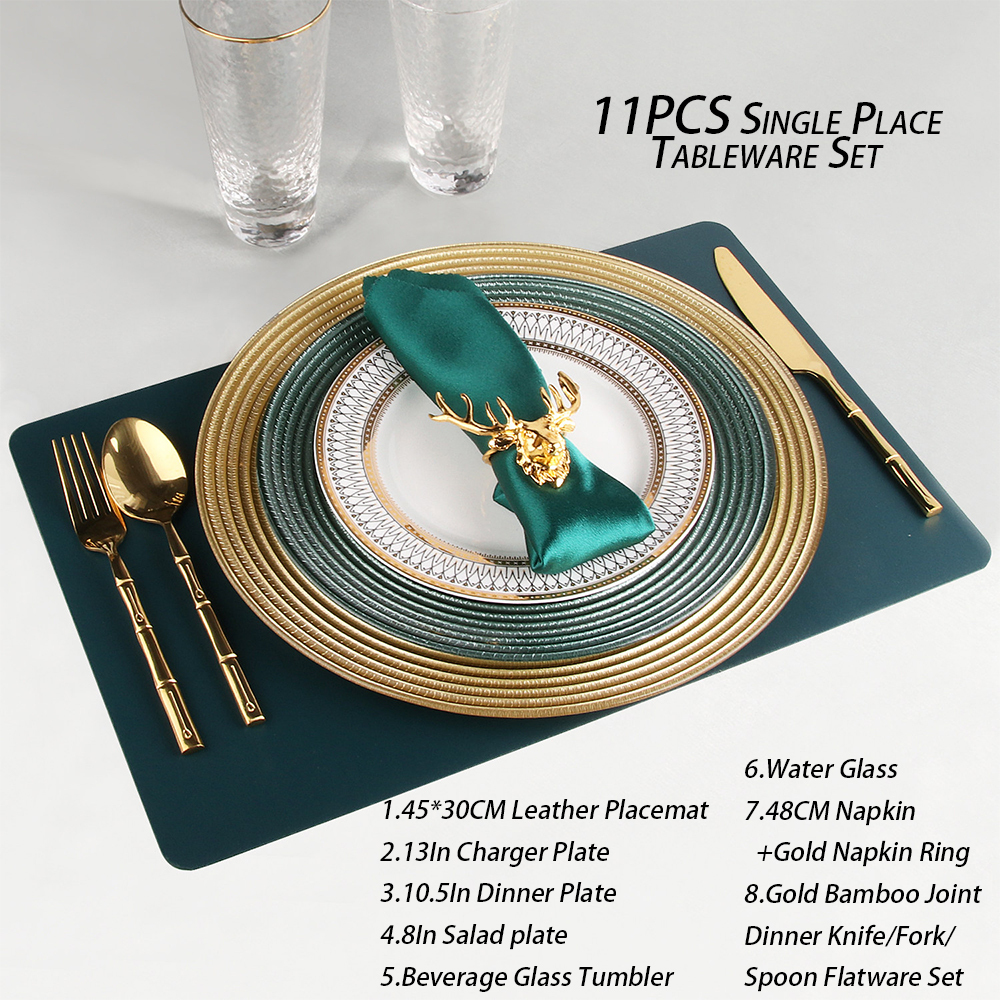 Ensemble de vaisselle 11 pièces pour une personne, avec assiette de présentation spirale à bordure dorée.