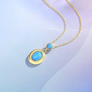 925 Sterling Silver Gold Plated Two Stone Blue <b>Opal</b> Bezel Set Pendant <b>Necklace</b> Dainty Vintage Jewelry For Women - Product Image 6