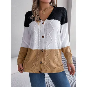 Casual colore contrasto bottone manica lunga donna Cardigan maglione cappotto 2023 Mujer signore Cardigan e maglieria