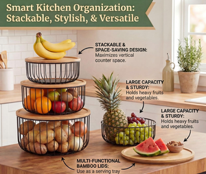 <span class=keywords><strong>Panier</strong></span> à fruits pour comptoir de cuisine, <span class=keywords><strong>panier</strong></span> empilable <span class=keywords><strong>avec</strong></span> <span class=keywords><strong>couvercle</strong></span> en bambou, <span class=keywords><strong>panier</strong></span> en métal pour fruits et légumes, petite, moyenne et grande taille - Product Image 3
