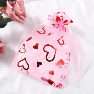 गोल्डन गर्म मुद्रांकन दिल के आकार का छोटे मिनी गहने उपहार बैग बड़े स्पष्ट Organza मेष Drawstring बैग