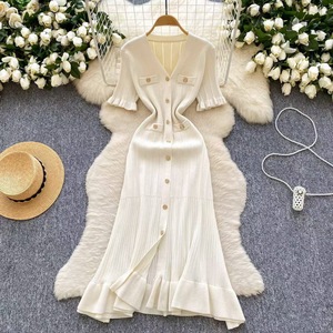 Abito da donna all'ingrosso elegante, lungo, slim-fit, con scollo a V, vita impero, <span class=keywords><strong>maniche</strong></span> corte, in maglia, di alta qualità, modello a coda di pesce - Product Image 5