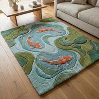 Karpet Area Kolam Ikan Biru Moss, Terbuat dari Wol dengan Motif Ikan Koi Oranye dan Tekstur Rajutan Tangan untuk Ruang Tamu, Kamar Tidur, Kamar Bayi, dan Anak-Anak