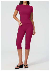 Set da Donna con T-Shirt a Collo Tondo e Maniche Corte e Leggings a Vita Alta, Completo Sportivo Elasticizzato in 2 Pezzi per <span class=keywords><strong>Palestra</strong></span> - Product Image 3
