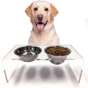 U shaped clear home wholesale 2 holes elevated acrylic pet bowl food display stand without bowls